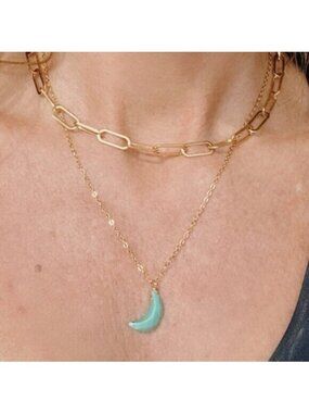 SET OF 2! Gold Chain Necklace & Moon Pendant BUNDLE Waterproof Necklace GEMSTONE